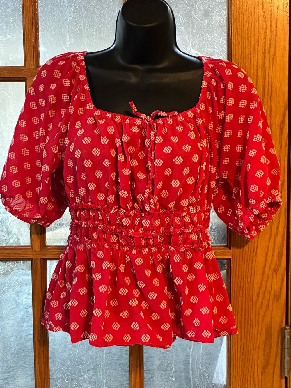 Time and Tru Red Smocked Peasant Blouse